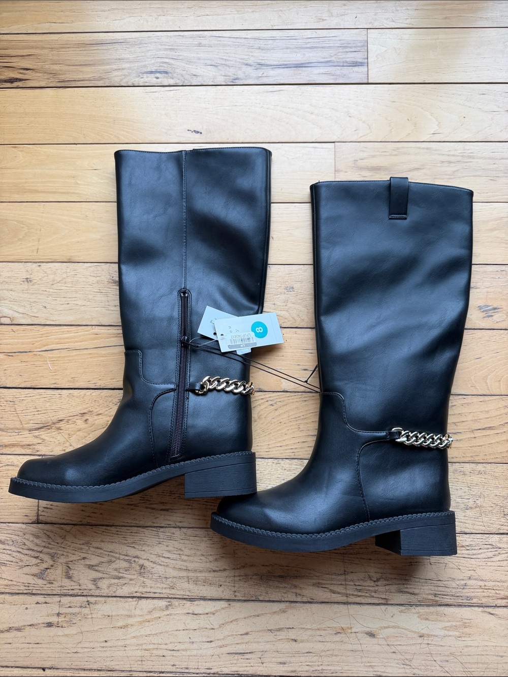 a new day Black Mid-Calf Boots with Gold Chain Accent